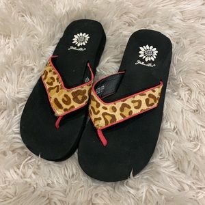 Yellow Box cheetah print flip flops